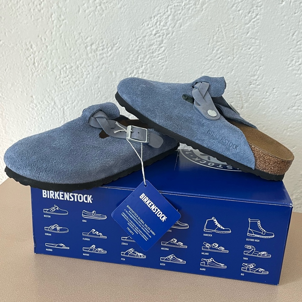 NWT Birkenstock Boston Braided Elemental Blue Suede Leather Clogs, 38